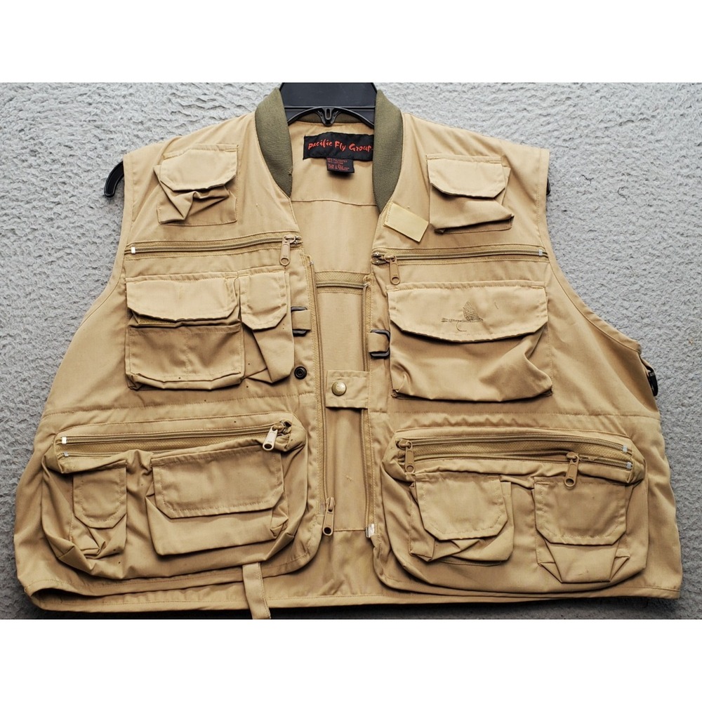 Pacific Fly Group Fishing Utility Vest Men's L Brown Multifunction Pocket Zip Up